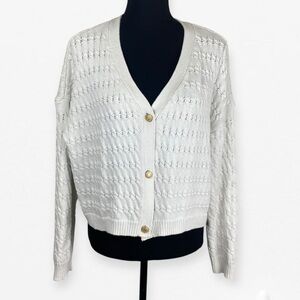 Cyrus White Ivory Knit cotton blend Cardigan Sweater with gold accent Buttons XL